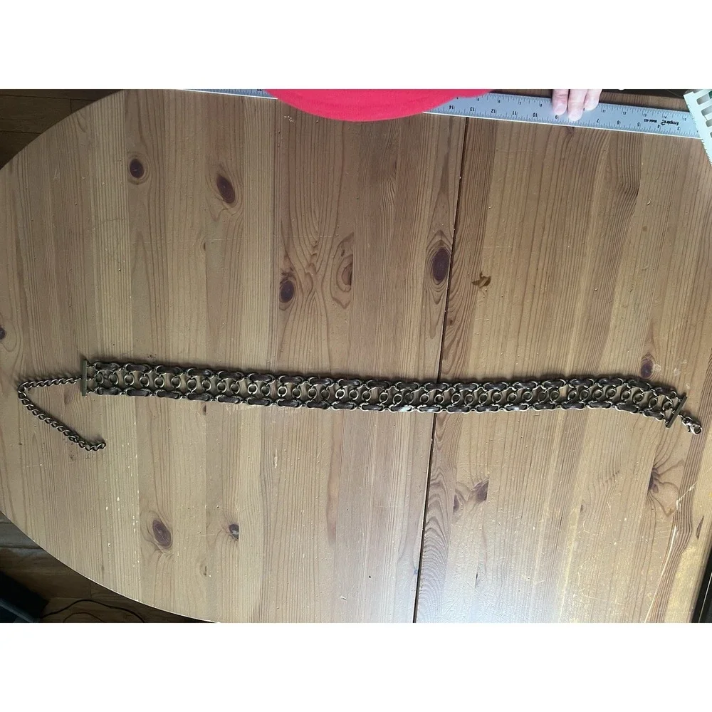 Vintage Brass & Brown Leather Chain Belt Adjustable Boho Hippie Festival 38